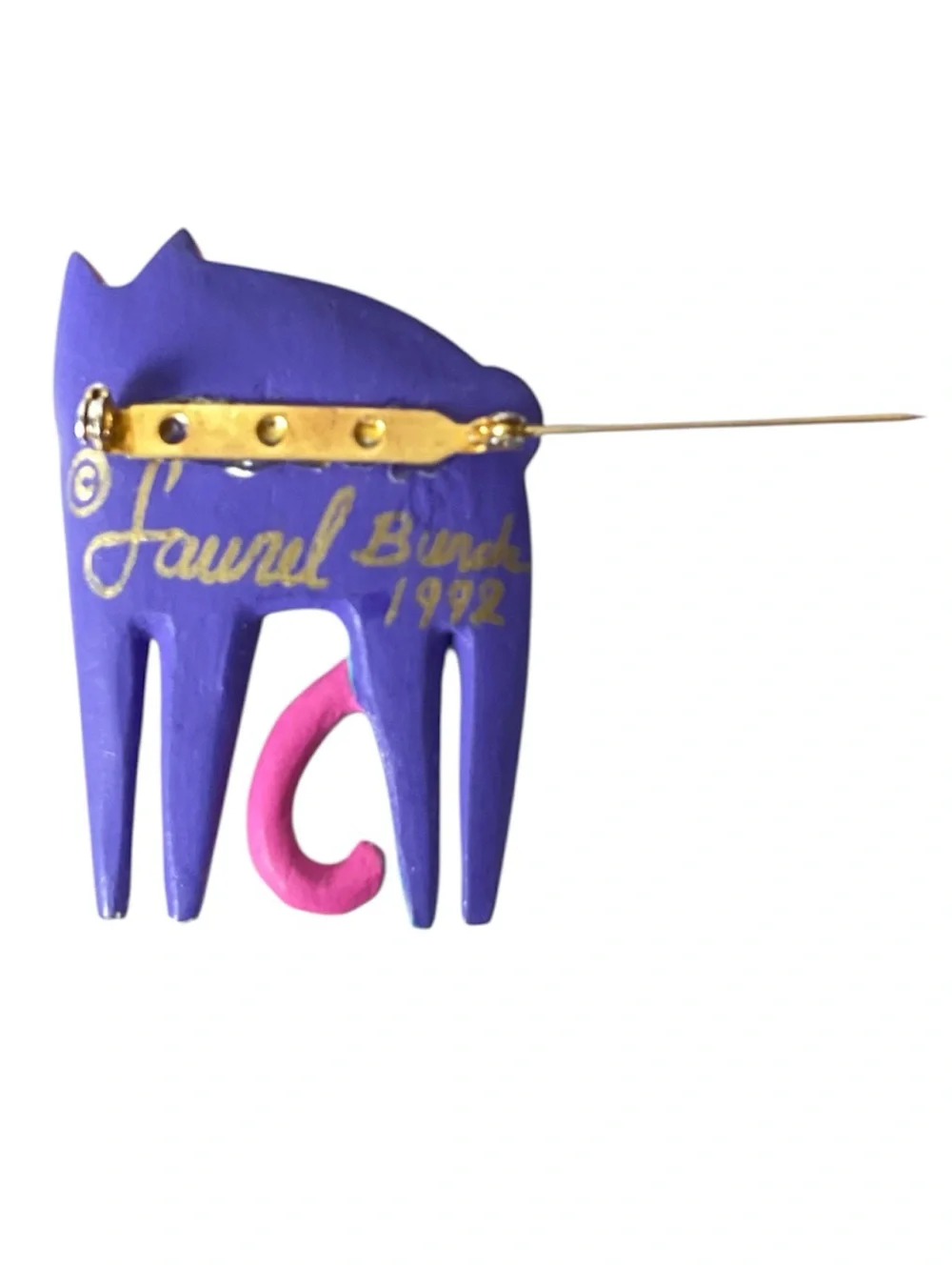 VTG Laurel Burch 1992 Signed Wood Whimsical Cat Brooch Pin Hand Painted Folk Art